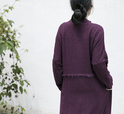 spring and autumn cotton and linen retro rough edge heavy linen cardigan purple literary travel long coat