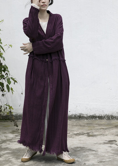 spring and autumn cotton and linen retro rough edge heavy linen cardigan purple literary travel long coat