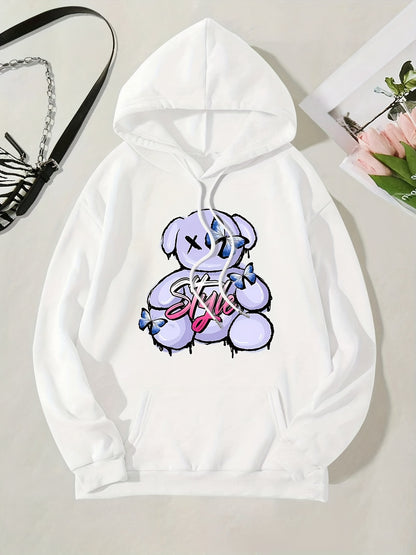 Trendy Bear Print Kangaroo Pocket Hoodie - Women's Casual Long Sleeve Drawstring Sweatshirt with Relaxed Fit, Soft Fleece Lining, and Adjustable Hood - Perfect for Daily Wear, Outdoor Activities, and Gift Ideas