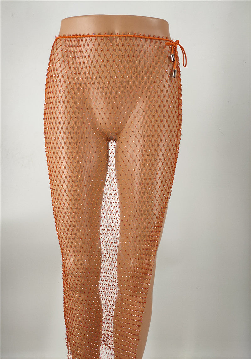 2025 skirt nightclub fishing net drill hollow rhinestone diamond flash diamond net skirt split skirt fb1504