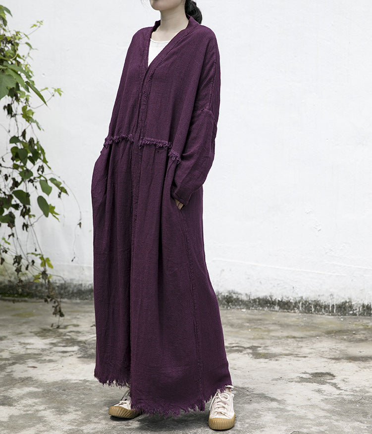 spring and autumn cotton and linen retro rough edge heavy linen cardigan purple literary travel long coat