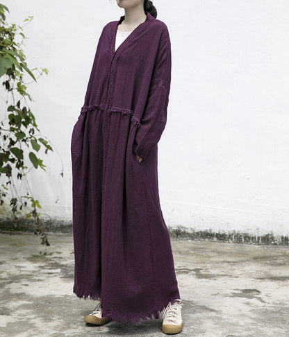 spring and autumn cotton and linen retro rough edge heavy linen cardigan purple literary travel long coat