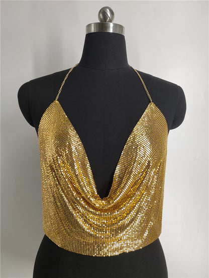 Popular, 2025 2020ins Popular trade New nightclub wind low-cut backless rhinestone sequined chain top vest fz1365