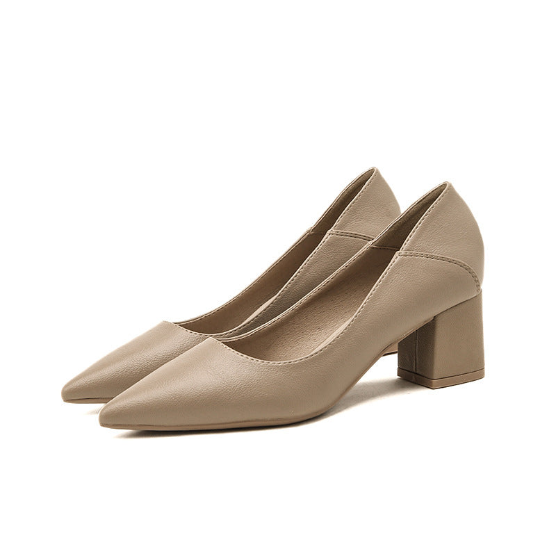 2025 555 pointed thick heel shallow mouth high heels soft leather commuter professional work shoes Korean version new single shoe manufacturer wholesale