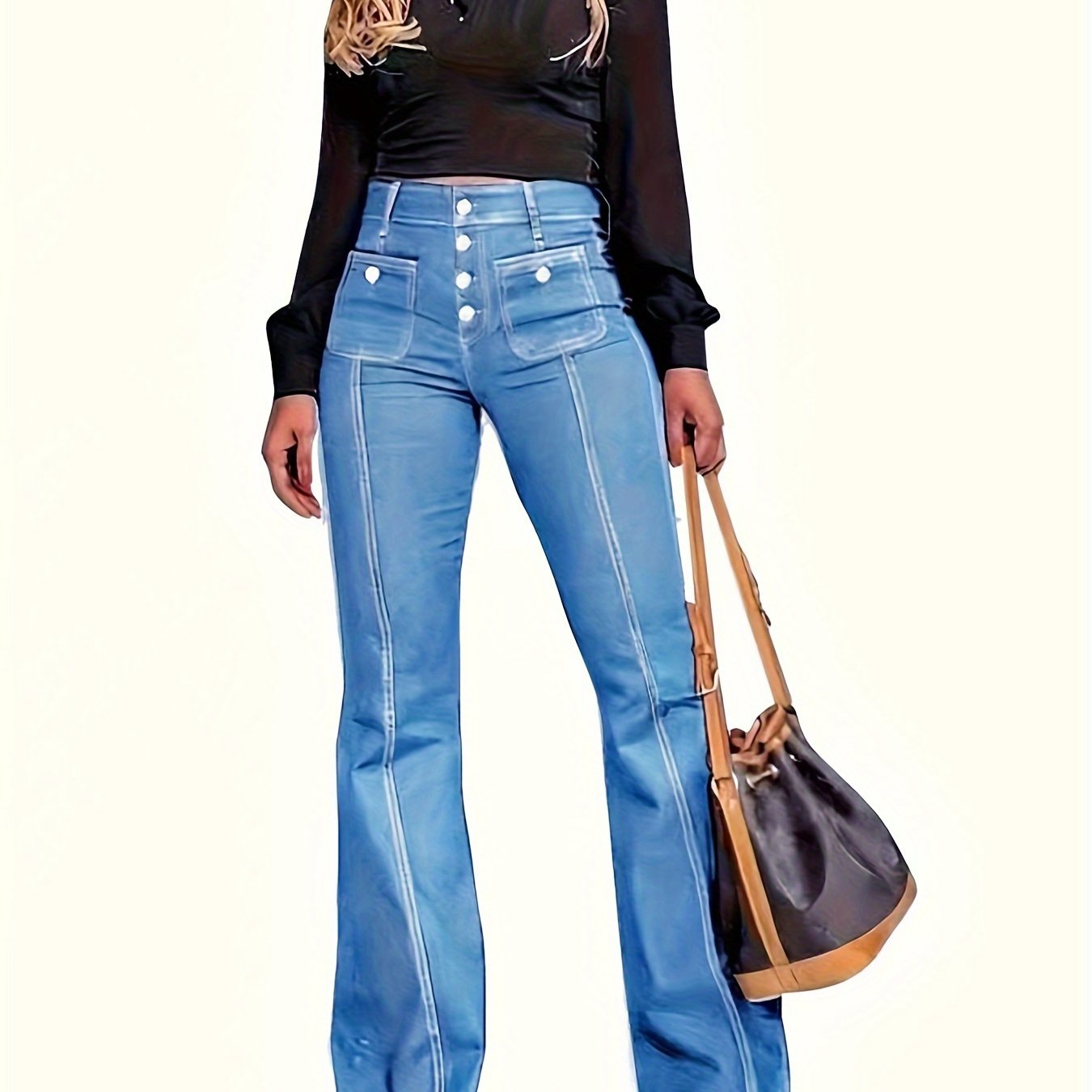 Stylish High-Rise Flare Leg Jeans | Comfort-Stretch, Retro Button Detail, Versatile All-Season Wear