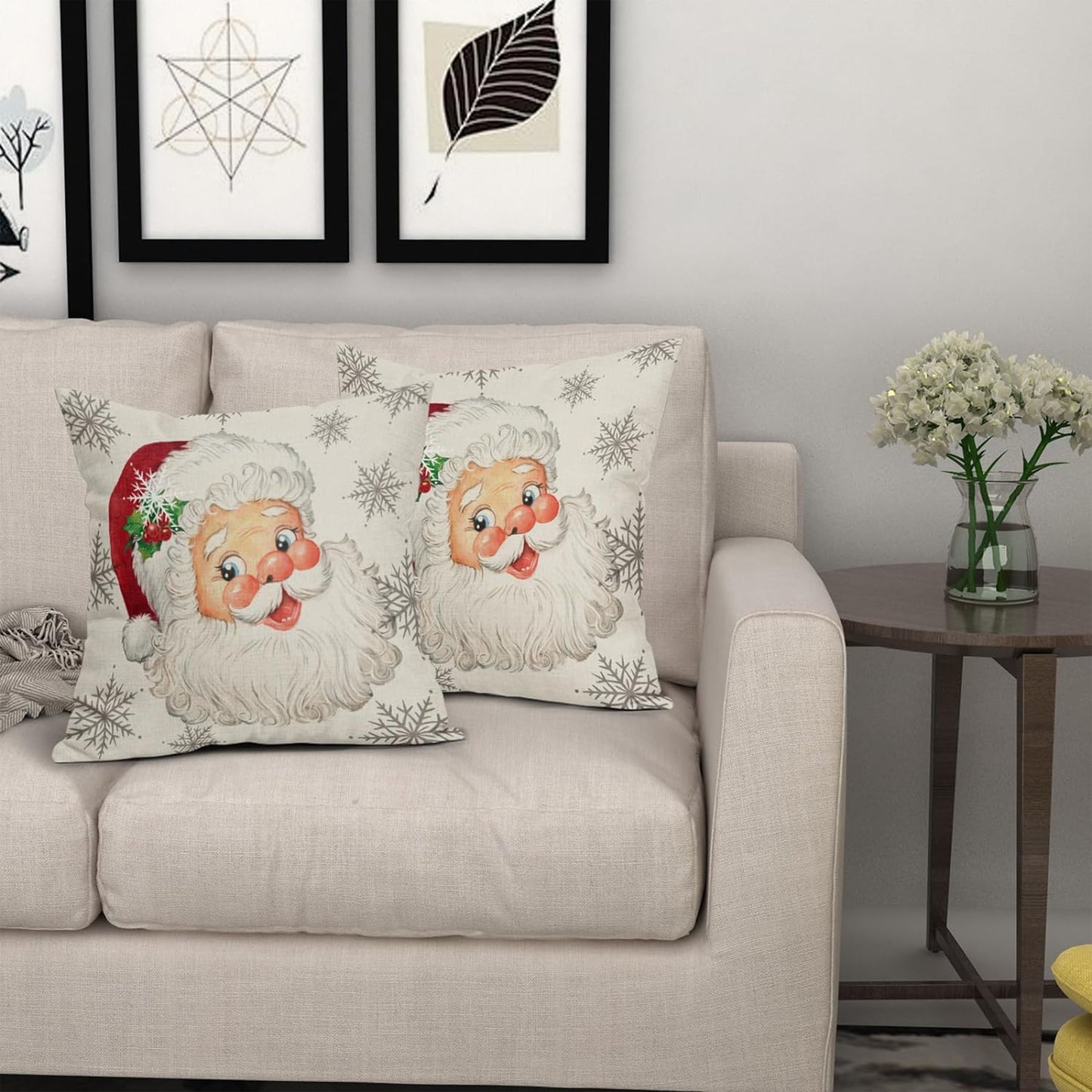 2PCS Christmas Santa Claus Pillow Covers - 16x16, 18x18, 20x20 Inch Reversible Rustic Xmas Snowflakes Print Decorative Outdoor Pillowcases with Zipper Closure and Linen Cover and Liner - Machine Washable Farmhouse Holiday Winter Decorations for Couch Sofa