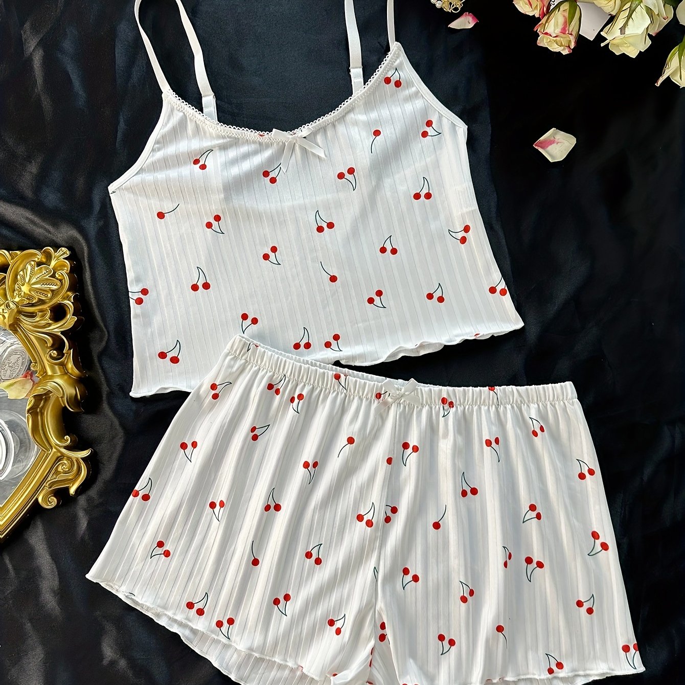 Chic Cherry-Print Women’s Pajama Set: Comfy, Cute Bow-Detailed Cami Top & Elastic Shorts - Cozy Spring-to-Fall Loungewear