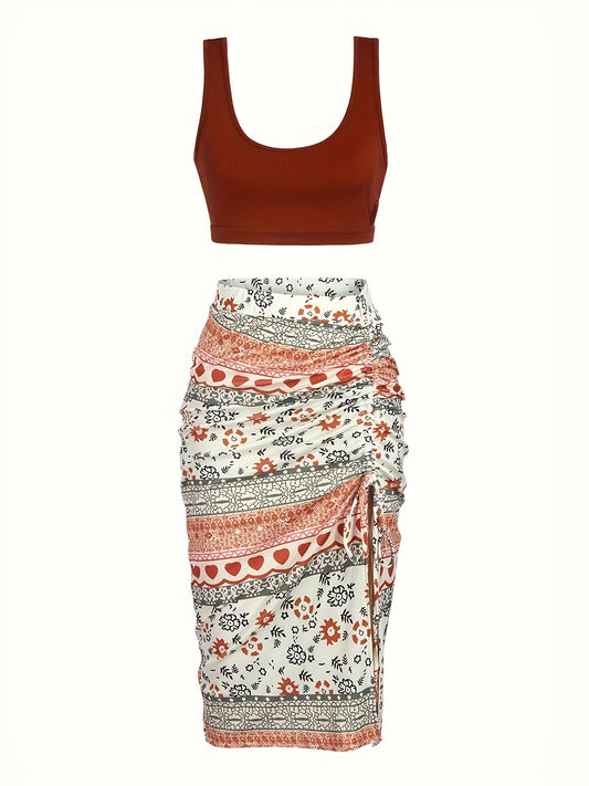 Chic Sleeveless Backless Crop Top & Floral Print Drawstring Split Dress Outfit - Effortlessly Stylish Casual Wear for Women