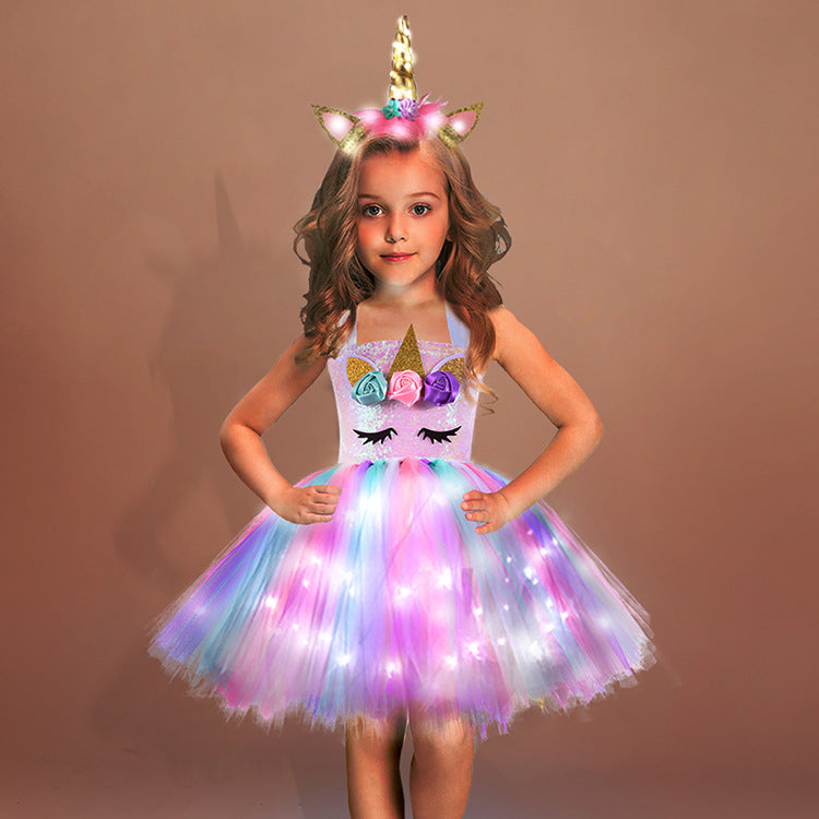 flowersverse Unicorn Tutu Skirt Cross-Border Girls Dress Led Princess Dress Costume Birthday Party Tulle Tutu Skirt