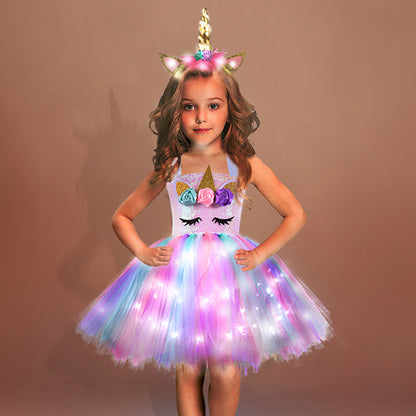 flowersverse Unicorn Tutu Skirt Cross-Border Girls Dress Led Princess Dress Costume Birthday Party Tulle Tutu Skirt