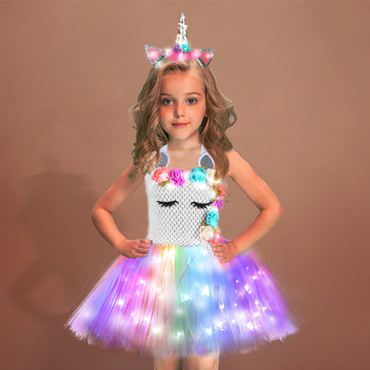 flowersverse Unicorn Tutu Skirt Cross-Border Girls Dress Led Princess Dress Costume Birthday Party Tulle Tutu Skirt