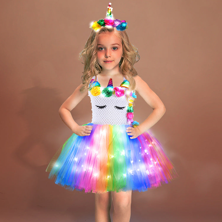 flowersverse Unicorn Tutu Skirt Cross-Border Girls Dress Led Princess Dress Costume Birthday Party Tulle Tutu Skirt