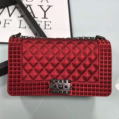 FLOWERSVERSE   New Ladies Fashionable Stylish Decorative Rivets One Shoulder Crossbody Gun Color Chain PVC Gel Bag