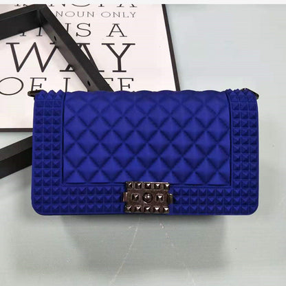 FLOWERSVERSE   New Ladies Fashionable Stylish Decorative Rivets One Shoulder Crossbody Gun Color Chain PVC Gel Bag