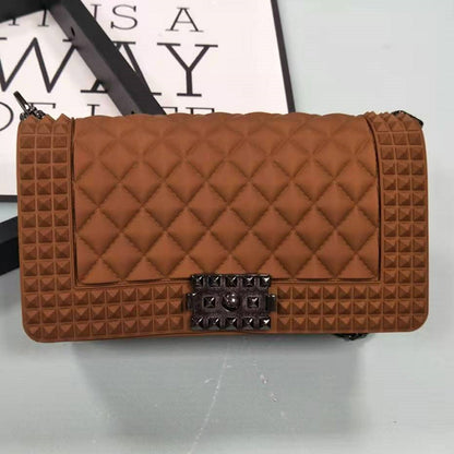 FLOWERSVERSE   New Ladies Fashionable Stylish Decorative Rivets One Shoulder Crossbody Gun Color Chain PVC Gel Bag