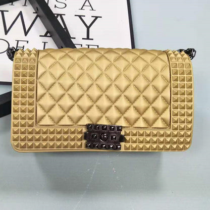 FLOWERSVERSE   New Ladies Fashionable Stylish Decorative Rivets One Shoulder Crossbody Gun Color Chain PVC Gel Bag