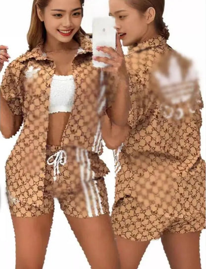 Designer Womens's luxury Two Piece Sets Tracksuits short sleeve shirt +shorts women printed woven polos collar Summer holiday loose fit casual home outdoor clothin