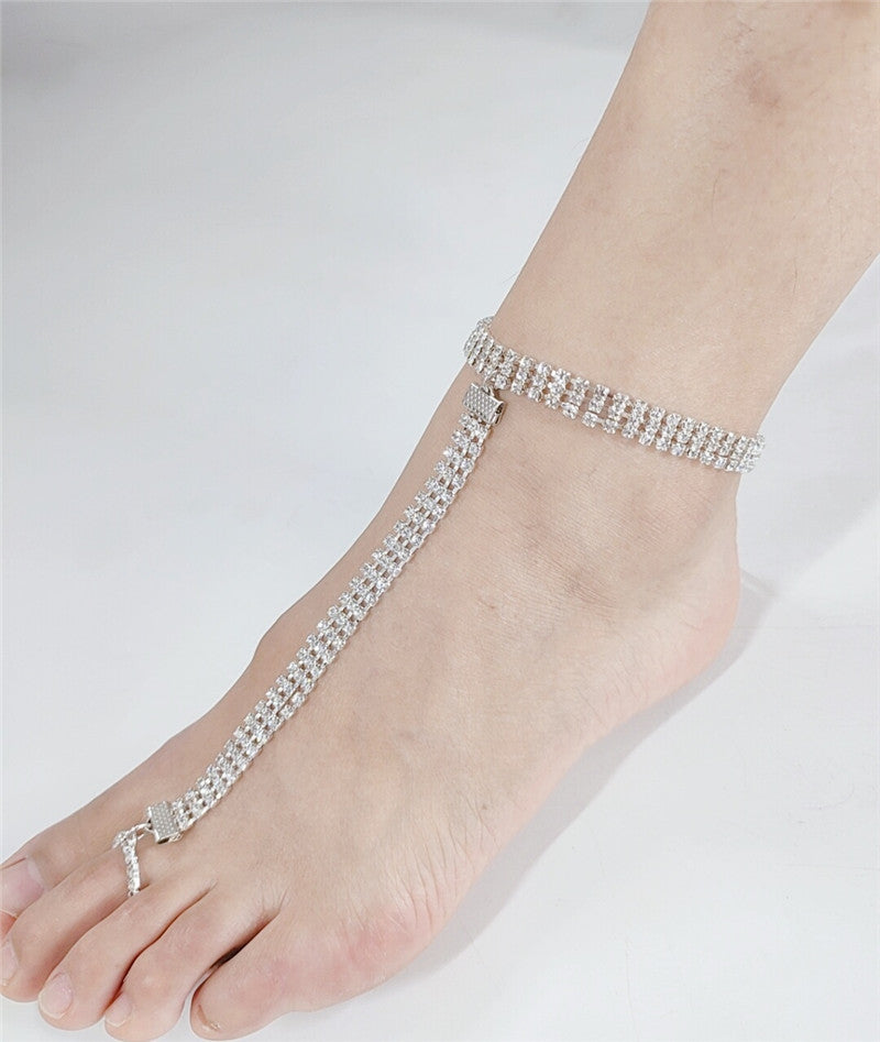 Anklet 2025 nightclubs personalized bright diamonds, flash diamonds, full diamonds, rhinestones, three rows of diamond chains, anklets, foot accessories fb1613