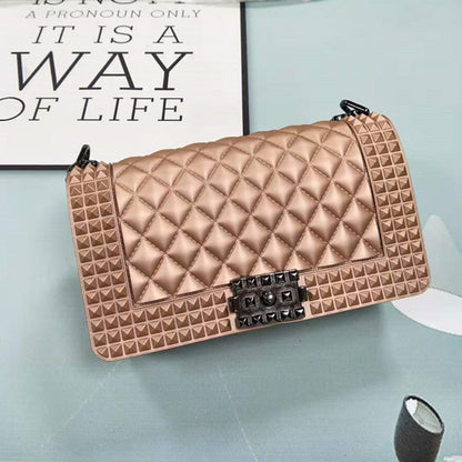 FLOWERSVERSE   New Ladies Fashionable Stylish Decorative Rivets One Shoulder Crossbody Gun Color Chain PVC Gel Bag