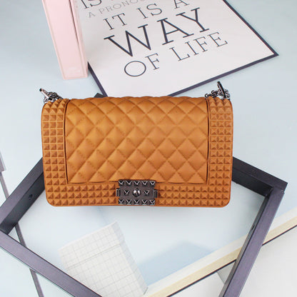 FLOWERSVERSE   New Ladies Fashionable Stylish Decorative Rivets One Shoulder Crossbody Gun Color Chain PVC Gel Bag