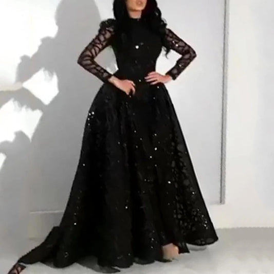 spring new  New women's clothing  ebay dress round neck long sleeve sequined puffy evening dress