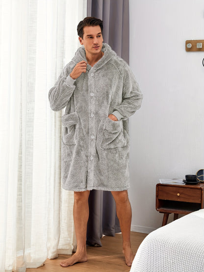 Cozy Fleece Robe - Ultra-Soft Hooded Pajamas with Pocket & Hair Dry Hat, One-Piece Button-Up Kimono Night-Robe for Men, Perfect for Home Use After Bath, Warm and Toasty for Chilly Evenings