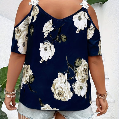 Plus Size Elegant V Neck Floral Print Blouse - Chic Guipure Lace Details, Slight Stretch Polyester Fabric, Perfect for Spring and Summer Vacation - Womens Stylish Shirting