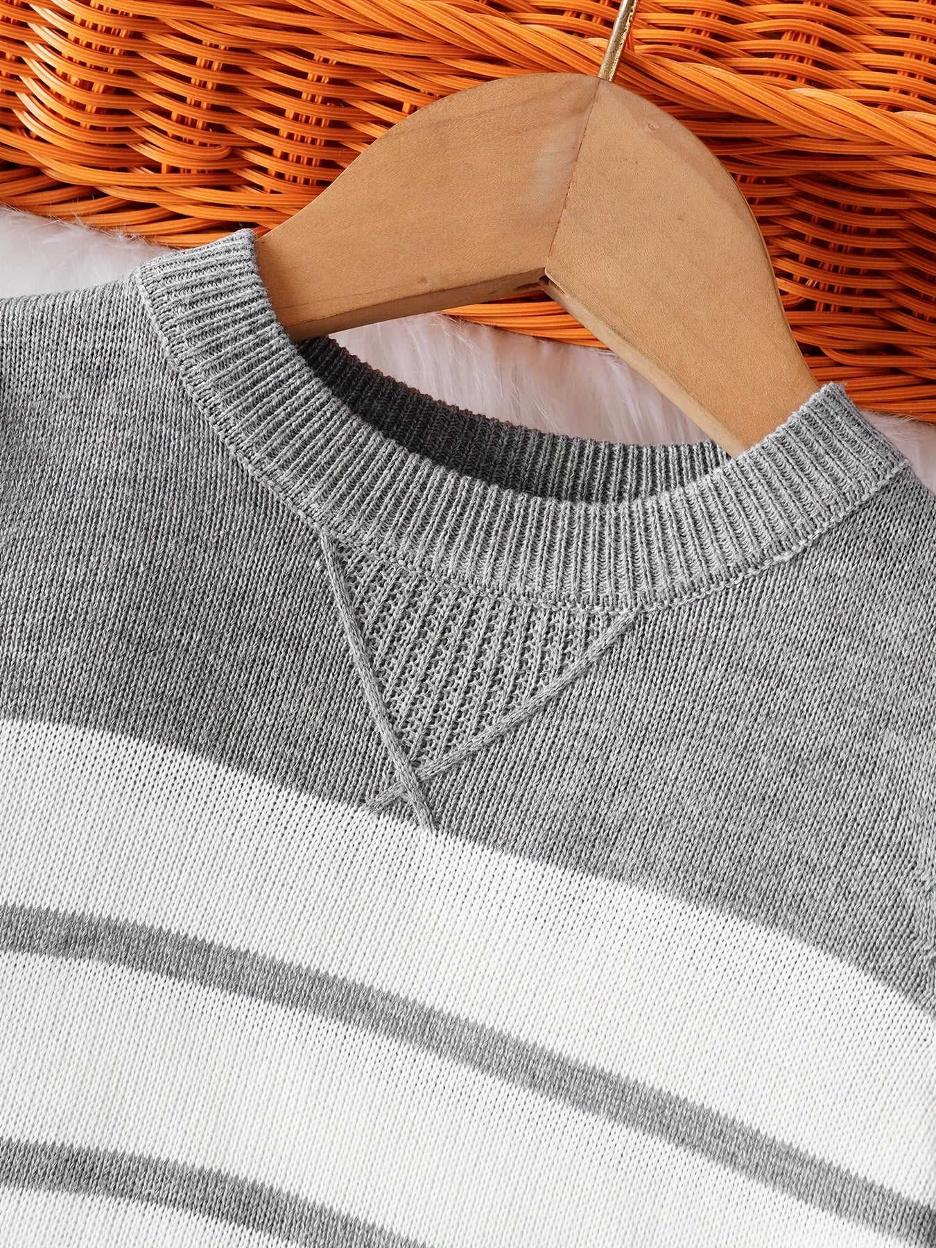 Baby Boys Comfortable & Casual Grey And White Striped Crew Neck Knitted Sweater For Outing Activities