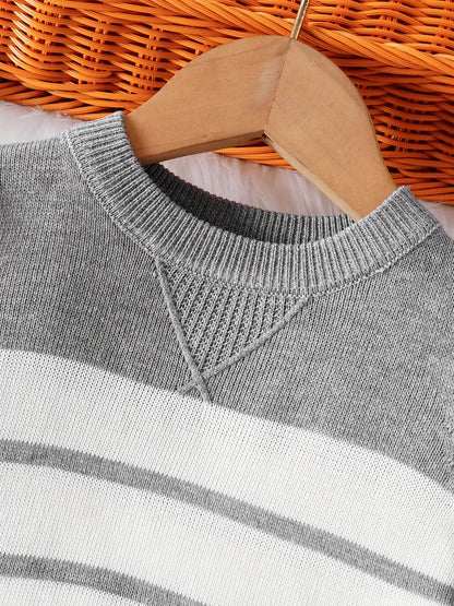 Baby Boys Comfortable & Casual Grey And White Striped Crew Neck Knitted Sweater For Outing Activities
