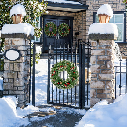24" Green Pre-Lit Christmas Wreath with Red Berries, Pine Cones for Front Door, Window, Fireplace, Indoor Decor