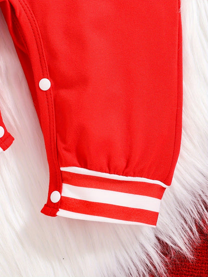 Infant Baby Unisex "My 1st Christmas" Alphabet Print Striped Long Sleeve Romper & Beanie Set - Cute Polyester Knit Fabric Outfit for Fall/Winter, For Outdoor