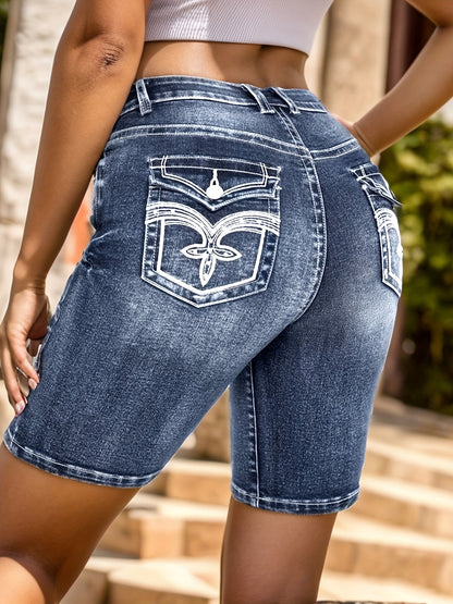 Women's Vintage-Inspired Denim Shorts - Embroidered Detail, Whiskered Wash, Casual Summer Wear