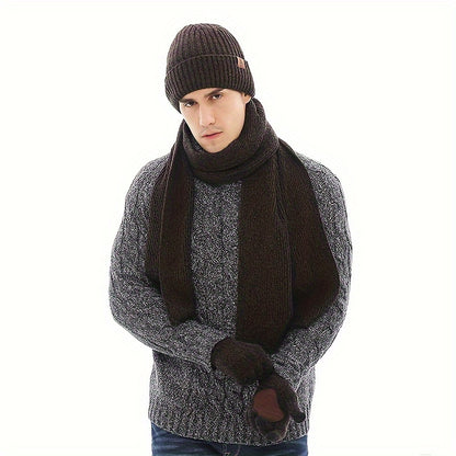 Winter Warmth Set for Men - Thickened Velvet Knitted Gloves with Non-Slip Touch Screen, Long Scarf, and Fashionable Hat for Cold Weather - Soft, Breathable, and Stylish Accessories for Outdoor Activities