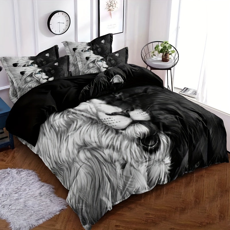 3-Piece Black & White Lion Print Duvet Cover Set - Luxuriously Soft & Hypoallergenic, Wrinkle-Resistant Bedding for Bedrooms, Guest Rooms, and Dorms - Includes 1 Duvet Cover + 2 Pillowcases, No Inner Core Needed, Easy Care