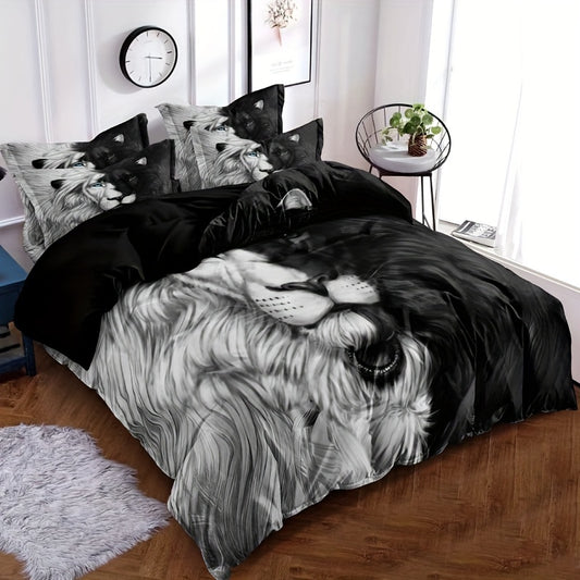 3-Piece Black & White Lion Print Duvet Cover Set - Luxuriously Soft & Hypoallergenic, Wrinkle-Resistant Bedding for Bedrooms, Guest Rooms, and Dorms - Includes 1 Duvet Cover + 2 Pillowcases, No Inner Core Needed, Easy Care