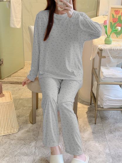 Womens Heart-Print Charm Pajama Set - Cozy Long Sleeve Crew Neck Top & Elastic Waistband Pants for Sweet Dreams & Lounging