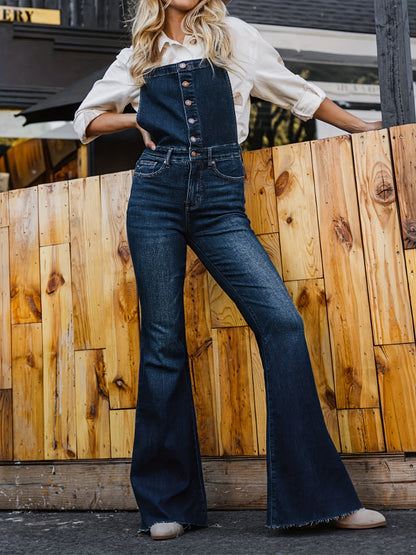 All-Season Versatile Denim Overalls with Stretch, Adjustable Straps & Easy-Care, Chic Button Front & Raw Hem, Women’s Casual Essential