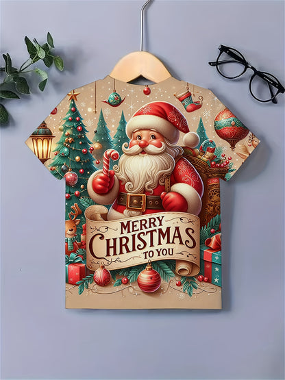 Boys' Fun 3D Print Santa Claus T-Shirt, Lightweight Comfy Short Sleeve Tee Top for Summer, Casual Creative Design