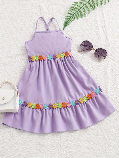 Toddler Girls Flowers Applique Ruffled Hem Cami Princess Dress For Party Beach Vacation Kids Summer Clothes