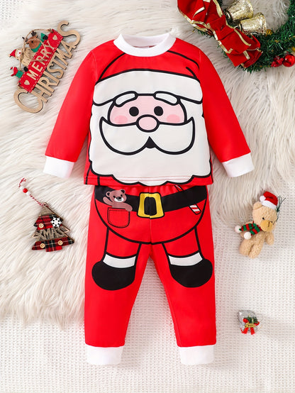 1set Infant Boys' Christmas Santa Print Long Sleeve Sweatshirt and Pants Set, Polyester and Spandex Blend, Round Neck, Regular Fit, Party Style, Knitted Fabric, Festive Holiday Outfit for Autumn/Winter, for Outdoor