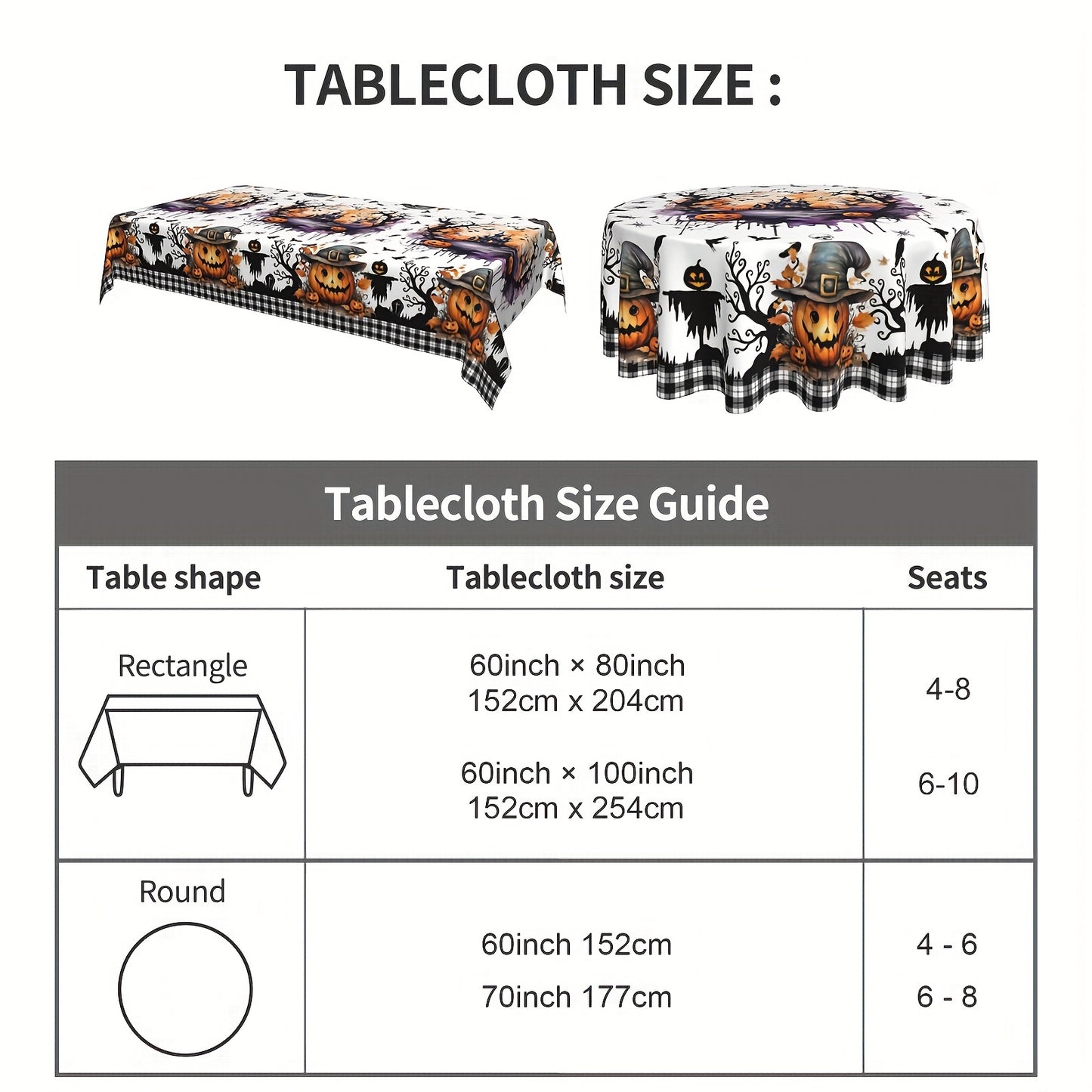 1pc Vibrant Halloween Tablecloth - Polyester Table Cover for Home Kitchen Dining Picnic Decoration with Black White Buffalo Check Ghost Pumpkin Skeleton Castle Holiday Pattern - Perfect for Spooky Season Home Supplies