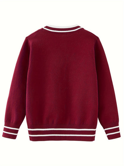 Boys Casual Preppy Style Uniform Knit Cardigan Sweater, Long Sleeve Tops, Boys Clothing Outdoor