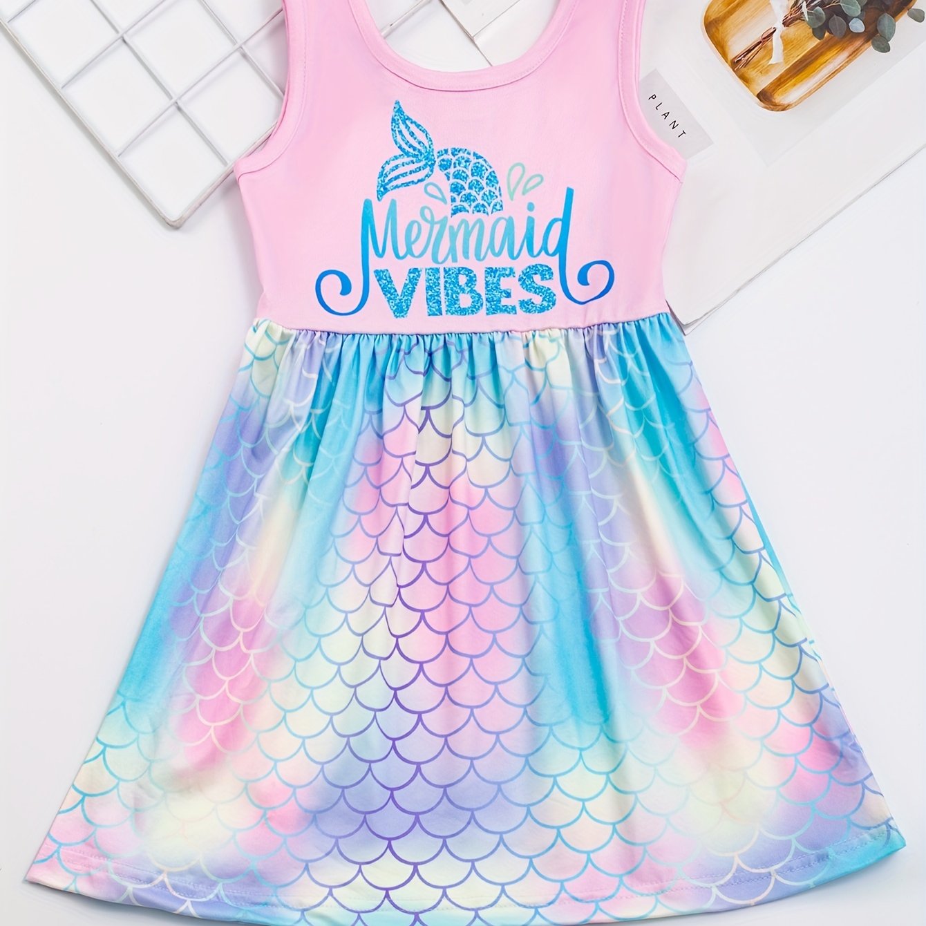 Stylish Girls Fit and Flare Sleeveless Dress - High Stretch Polyester, Alphabets Pattern, Casual Spring Summer Party Wear - Regular Fit, Knit Fabric, Gradient Fish Scale Graphic Design