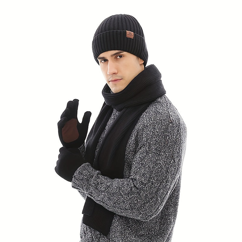 Winter Warmth Set for Men - Thickened Velvet Knitted Gloves with Non-Slip Touch Screen, Long Scarf, and Fashionable Hat for Cold Weather - Soft, Breathable, and Stylish Accessories for Outdoor Activities