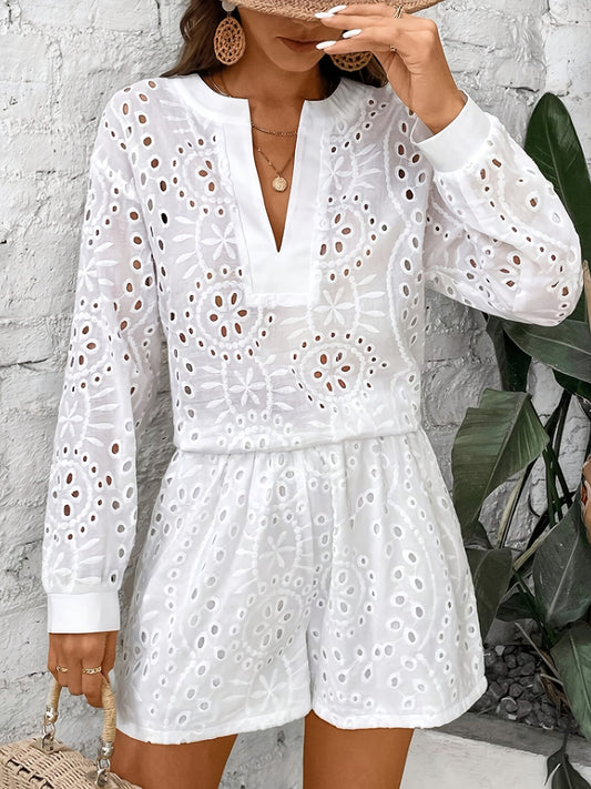 Women's Chic Eyelet Short Set - Long Sleeve Notched Neck Blouse & High-Waist Shorts, Perfect for Casual Gatherings & Stylish Outfits