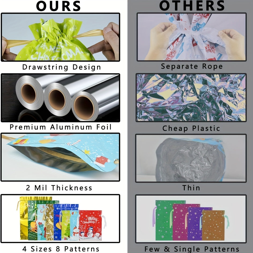 28PCS Assorted Sizes Christmas Drawstring Gift Bags With Ribbon Tie, 4 Sizes, 8 Designs For Xmas Holiday Presents Party Favor Goody Bags Jumbo/Extra Large/Medium/Small Santa Wrapping Bag