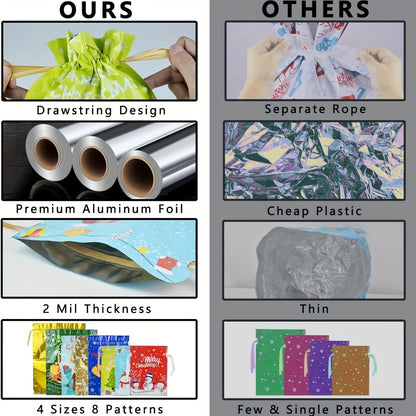 28PCS Assorted Sizes Christmas Drawstring Gift Bags With Ribbon Tie, 4 Sizes, 8 Designs For Xmas Holiday Presents Party Favor Goody Bags Jumbo/Extra Large/Medium/Small Santa Wrapping Bag