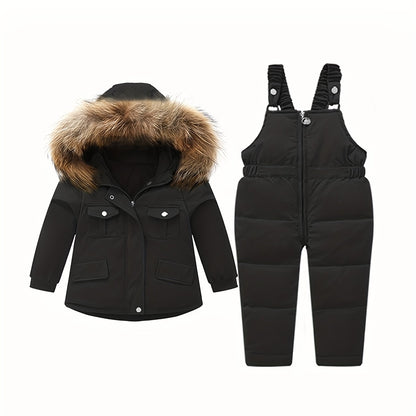 2Pcs Toddler Boys Girls Winter Snowsuit Hooded Down Jacket Coat + Snow Bib Pants Kids Windproof Skiing Suit Snow Clothes 1-5T