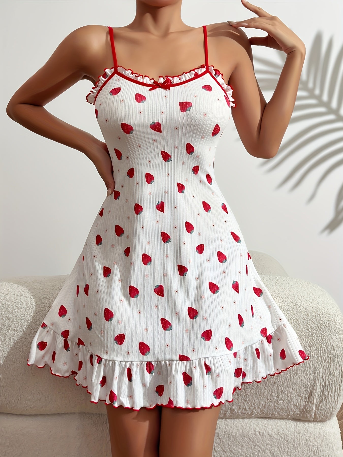 Romantic Strawberry Print Nightdress - Soft Slip Sleep Dress with Lettuce Trim for Womens Dreamy Slumber & Lounging