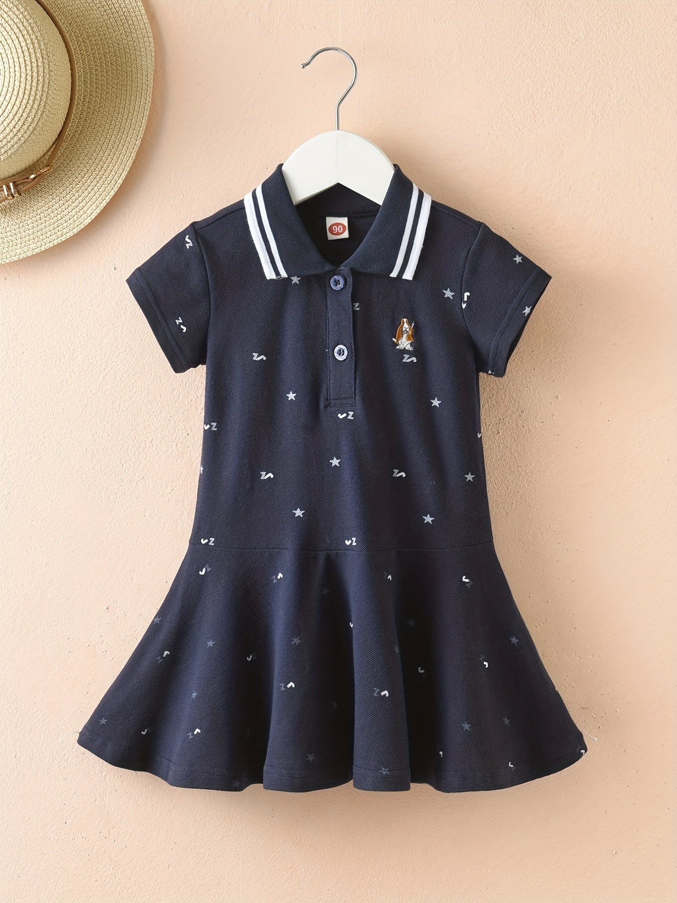 Girls' Summer Sporty Cotton Dress - Embroidered Stars, Polo Collar, Flared Ruffle Hem